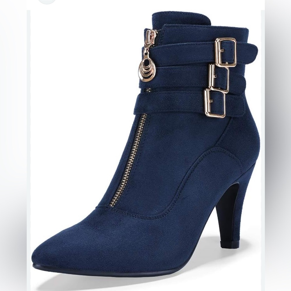 IDIFU Women’s Buckle Strap Faux Suede Navy Booties Size 9.5